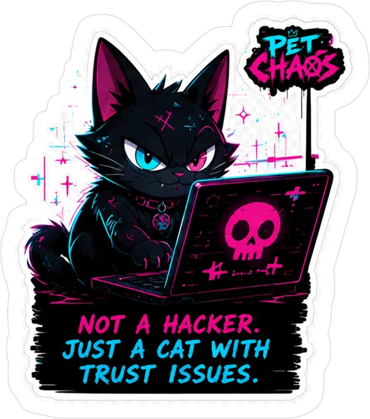 Pet Chaos Trust Issues sticker: Not a hacker. Just a cat with trust issues.